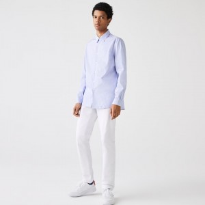 Camisas Lacoste Hombre Blancos Azules Regular Fit Striped Cotton Poplin MQ5-92389R5