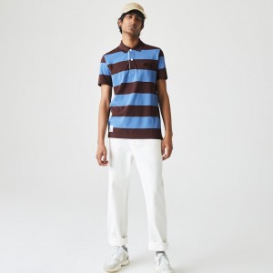 Camisas Lacoste Regular Fit Striped Cotton Piqué Polo Hombre Marrom Azules | UN6-80768M4