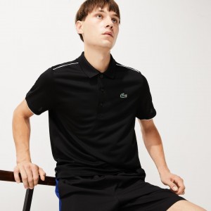 Camisas Lacoste SPORT Contrast Piping Breathable Piqué Polo Hombre Negros Blancos | HE7-65276T3