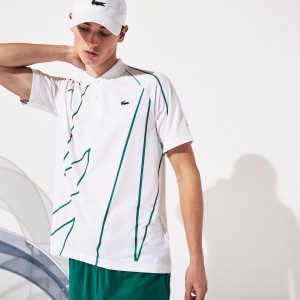 Camisas Lacoste SPORT Novak Djokovic Printed Breathable Polo Hombre Blancos Verdes | CY8-65776Q6