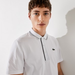 Camisas Lacoste SPORT Signature Breathable Golf Polo Hombre Blancos Azul Marino Azules | EJ8-45504Z0