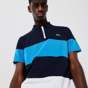 Camisas Lacoste SPORT Striped Stretch Piqué Zip-Up Golf Polo Hombre Azul Marino Azules Azules Blancos | KU3-02600O5