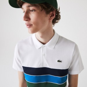 Camisas Lacoste SPORT Tricolor Paneled Lightweight Cotton Polo Hombre Blancos Verdes Azules Azul Marino Azules Blancos | SZ7-98329U1