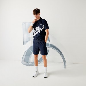 Camisas Lacoste SPORT x Novak Djokovic Breathable Jersey Polo Hombre Azul Marino Azules Blancos | MI8-28132Z6