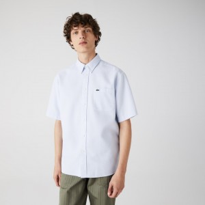 Camisas Lacoste Hombre Azules Claro Blancos Short-Sleeved Lightweight Cotton LK7-78647F4