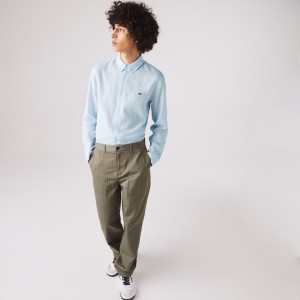 Camisas Lacoste Hombre Azules Blancos Slim Fit Chevron Linen And Cotton IN4-07170R3