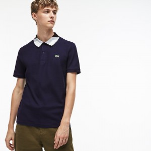 Camisas Lacoste Slim Fit Colourblock Striped Knop Piqué Polo Hombre Azul Marino Azules | SA9-63026U9