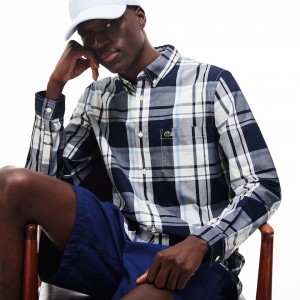 Camisas Lacoste Hombre Azul Marino Azules Blancos Slim Fit Cotton Poplin HM4-12681A1