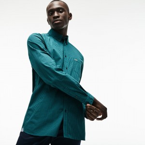 Camisas Lacoste Hombre Verdes Slim Fit Gingham Stretch Cotton Poplin BI0-97489E7