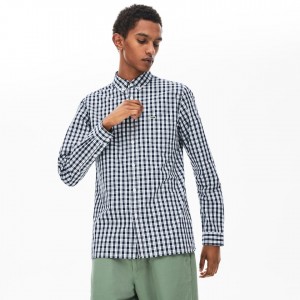 Camisas Lacoste Hombre Blancos Azul Marino Azules Slim Fit Long-Sleeve Wool AN1-55475E3