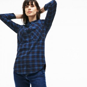 Camisas Lacoste Slim Fit Stretch Check Cotton Canvas Mujer Azul Marino Azules Azules | NW9-58005P0