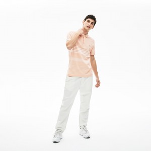 Camisas Lacoste Striped Linen And Cotton Regular Fit Polo Hombre Rosas Claro Blancos | IX8-55005Y5