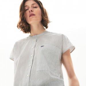 Camisas Lacoste Striped Linen And Cotton Blend Mujer Blancos Azul Marino Azules | SU2-68626S3