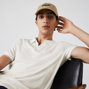 Camisas Lacoste Tunisian Collar Linen And Cotton Regular Fit Polo Hombre Blancos Negros | HU6-56425D1
