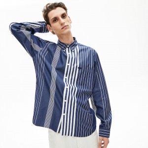 Camisas Lacoste Hombre Azul Marino Azules Blancos Variegated-Stripe Relaxed Cotton VA0-35233X8