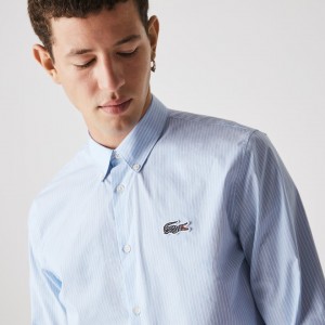 Camisas Lacoste Hombre Azules Blancos x National Geographic Regular Fit Striped Cotton LI6-55965H3