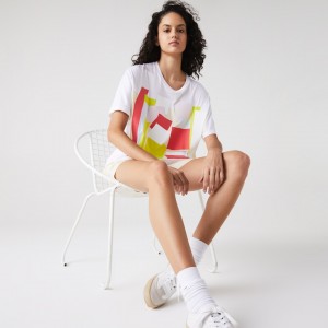 Camiseta Lacoste Art-Print Cotton Mujer Blancos | AM8-47844N5