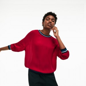 Camiseta Lacoste Contrast Accents Silk Crepe Top Mujer Rojos | DD2-76337U9