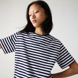 Camiseta Lacoste Crew Neck Branded Striped Cotton Mujer Azul Marino Azules Blancos | VN3-23422K3