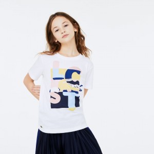 Camiseta Lacoste Niños Blancos Crew Neck Print Cotton VL7-43494O9