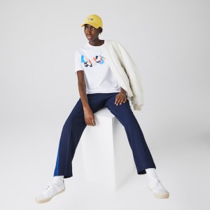 Camiseta Lacoste Crew Neck Printed Soft Cotton Mujer Blancos | FS4-54895O3