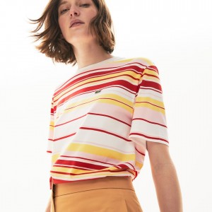 Camiseta Lacoste Crew Neck Striped Cotton Mujer Blancos Rojos Rosas Claro Amarillos | WQ1-91299V9