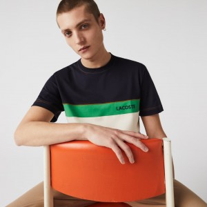 Camiseta Lacoste Crewneck Colorblock Cotton Hombre Azul Marino Azules Beige Verdes | TM9-32933T6
