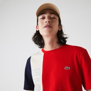 Camiseta Lacoste Crewneck Colorblock Hombre Rojos Beige Azul Marino Azules | XF9-03320N7