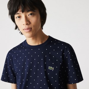 Camiseta Lacoste Crewneck Polka Dotted Cotton Hombre Azul Marino Azules | XZ1-50155R5