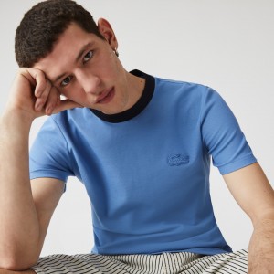 Camiseta Lacoste Crewneck Relaxed Fit Textured Cotton Hombre Azules Azul Marino Azules | MN5-45064E4