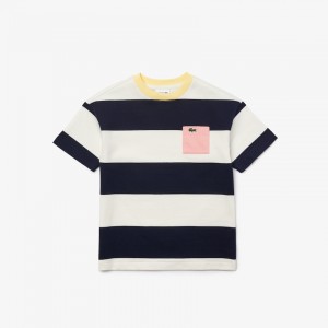 Camiseta Lacoste Niños Blancos Azul Marino Azules Crewneck Rugby Striped Cotton DU0-59995F5