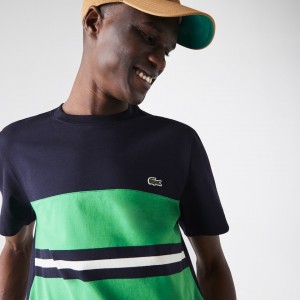 Camiseta Lacoste Crewneck Striped Cotton Hombre Azul Marino Azules Verdes Beige | DK2-03620C1