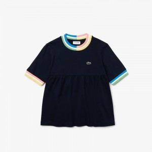 Camiseta Lacoste Niños Azul Marino Azules Blancos Flounced Cotton DH3-25242R9