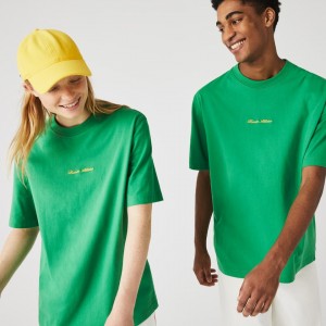 Camiseta Lacoste LIVE Relaxed Fit Embroidered Cotton Mujer Verdes | HQ9-31993J1