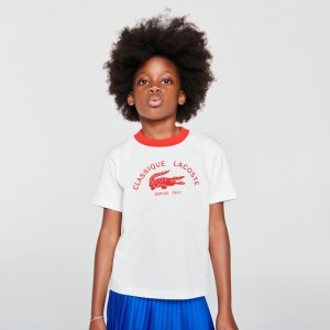 Camiseta Lacoste Niños Blancos Rojos Ringer Crewneck Lightweight Printed Cotton CI3-77747O2
