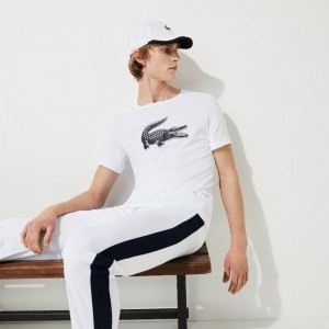 Camiseta Lacoste SPORT 3D Print Crocodile Breathable Jersey Hombre Blancos Azul Marino Azules | VK1-61206I7