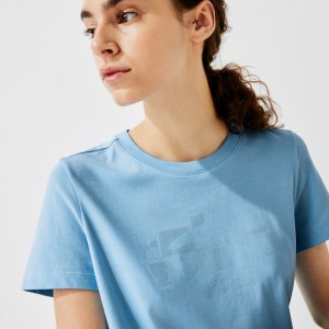 Camiseta Lacoste SPORT Logo Print Organic Cotton Tennis Mujer Azules | RX2-10581C3