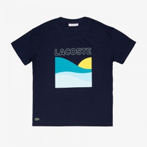 Camiseta Lacoste SPORT Printed Tennis Mujer Azul Marino Azules Blancos | WK6-83078J5