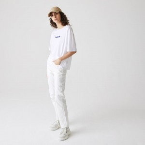 Camiseta Lacoste Signature Printed Crew Neck Cotton Mujer Blancos Azul Marino Azules | GB1-22862L0
