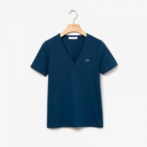 Camiseta Lacoste Slim Fit V-Neck Cotton Jersey Mujer Azules | VE3-89688M4