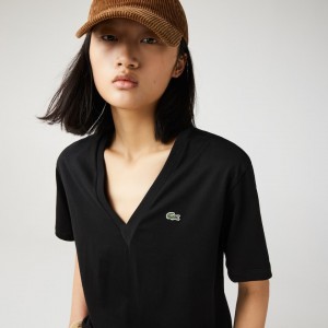 Camiseta Lacoste V-Neck Premium Cotton Mujer Negros | OI2-98519T3