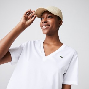 Camiseta Lacoste V-Neck Premium Cotton Mujer Blancos | HP3-96169C5