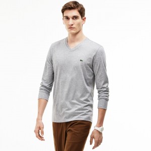 Camiseta Lacoste V-neck Soft Cotton Hombre Grises | IY8-88378K6