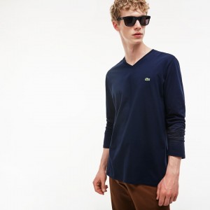 Camiseta Lacoste V-neck Soft Cotton Hombre Azul Marino Azules | XI4-25952S4