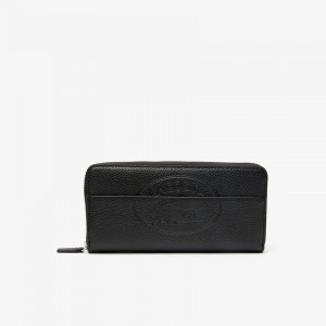Carteras Lacoste Croco Crew Grained Leather Zip Mujer Negros | CE0-69526X3