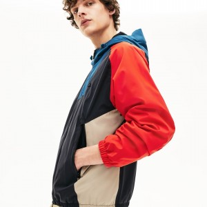 Chamarras Lacoste Motion Water-Resistant Colorblock Zip Hombre Grises Oscuro Azul Marino Azules Rojos Beige | RT4-58695U1