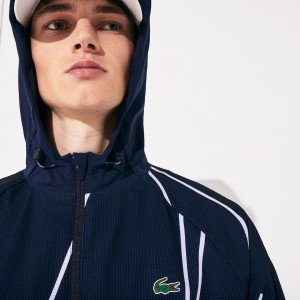 Chamarras Lacoste SPORT French Open Hooded Zip Hombre Azul Marino Azules Blancos | GY8-98919G5