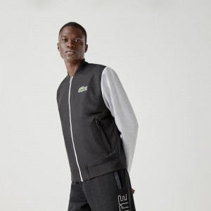 Chamarras Lacoste SPORT Two-Tone Print Fleece Zip Teddy Hombre Negros Grises Blancos | LT6-91089U8