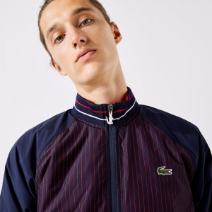 Chamarras Lacoste SPORT Water-Resistant Striped Zip Golf Hombre Azul Marino Azules Rojos Blancos | BJ2-91499H1