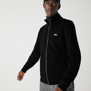 Chamarras Lacoste Zippered Stand-Up Collar Piqué Fleece Hombre Negros | JD2-62636K0